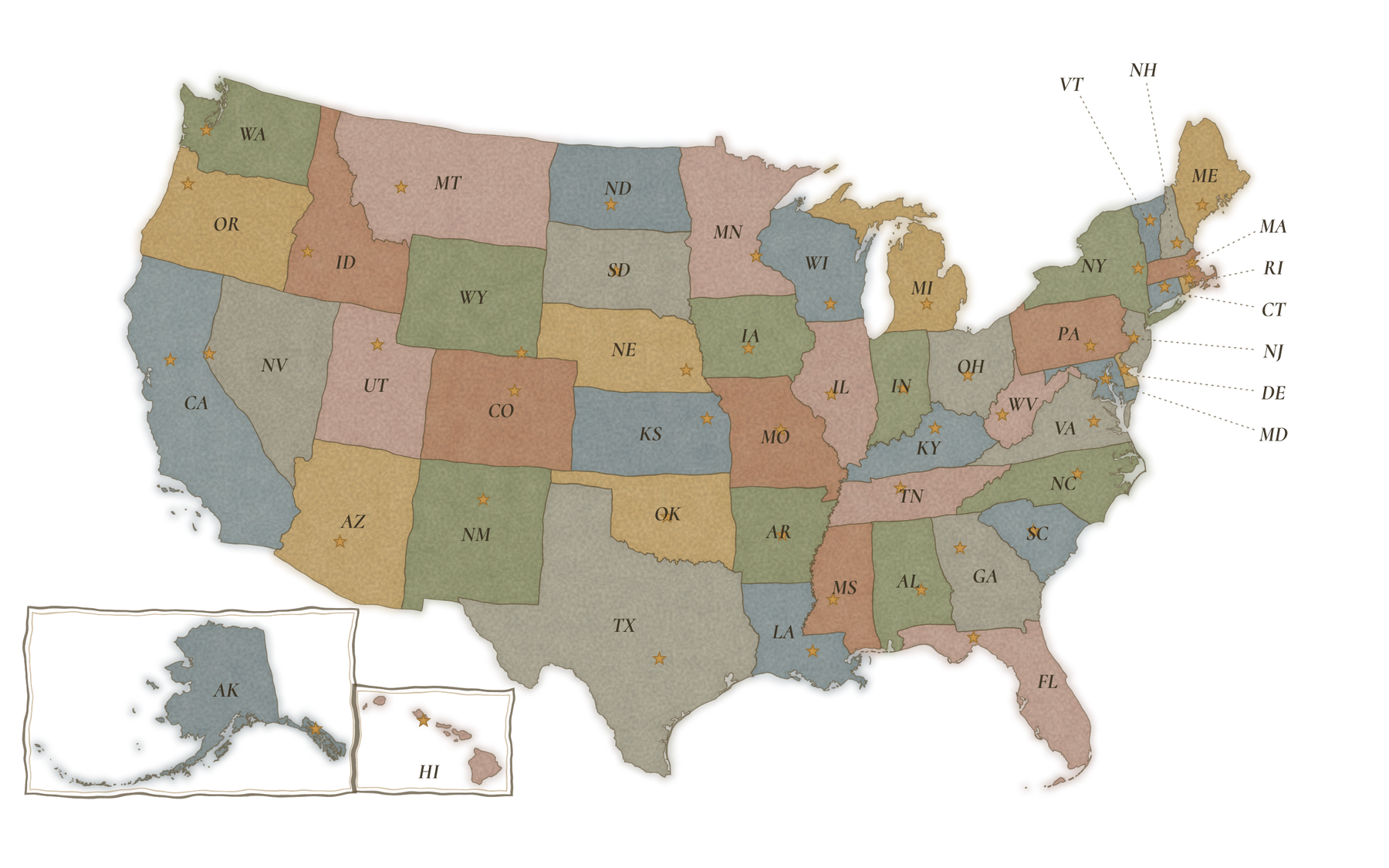 Illustrated map of the United States with every state labeled